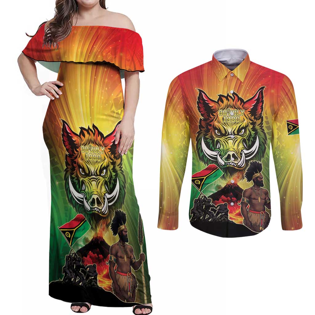 Vanuatu July 30th 1980 Couples Matching Off Shoulder Maxi Dress and Long Sleeve Button Shirt Happy Independence Day - Polynesian Pride