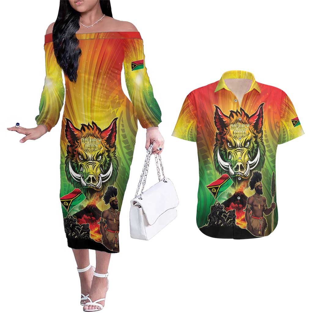 Vanuatu July 30th 1980 Couples Matching Off The Shoulder Long Sleeve Dress and Hawaiian Shirt Happy Independence Day - Polynesian Pride