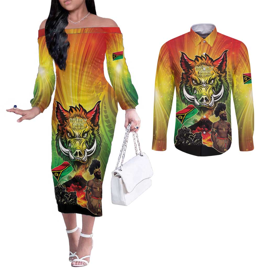 Vanuatu July 30th 1980 Couples Matching Off The Shoulder Long Sleeve Dress and Long Sleeve Button Shirt Happy Independence Day - Polynesian Pride