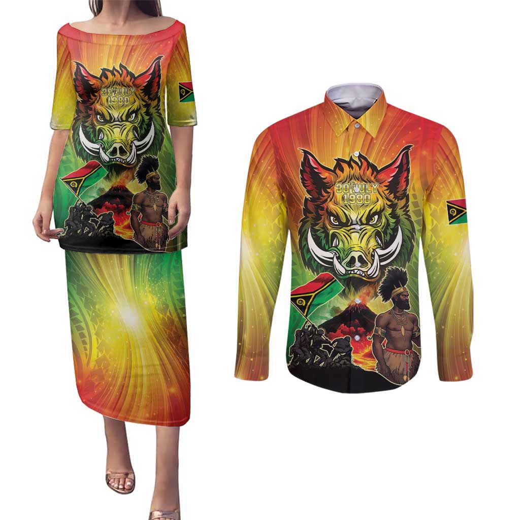 Vanuatu July 30th 1980 Couples Matching Puletasi and Long Sleeve Button Shirt Happy Independence Day - Polynesian Pride