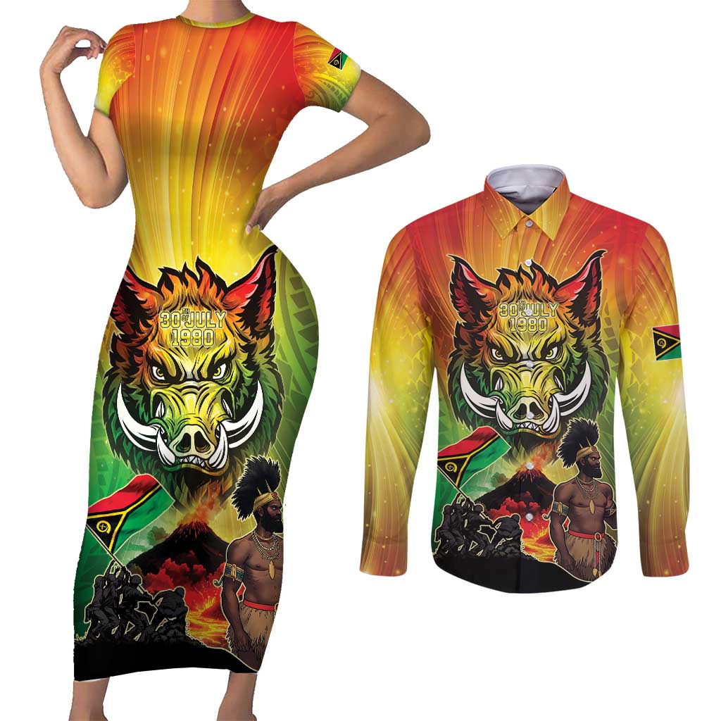 Vanuatu July 30th 1980 Couples Matching Short Sleeve Bodycon Dress and Long Sleeve Button Shirt Happy Independence Day - Polynesian Pride