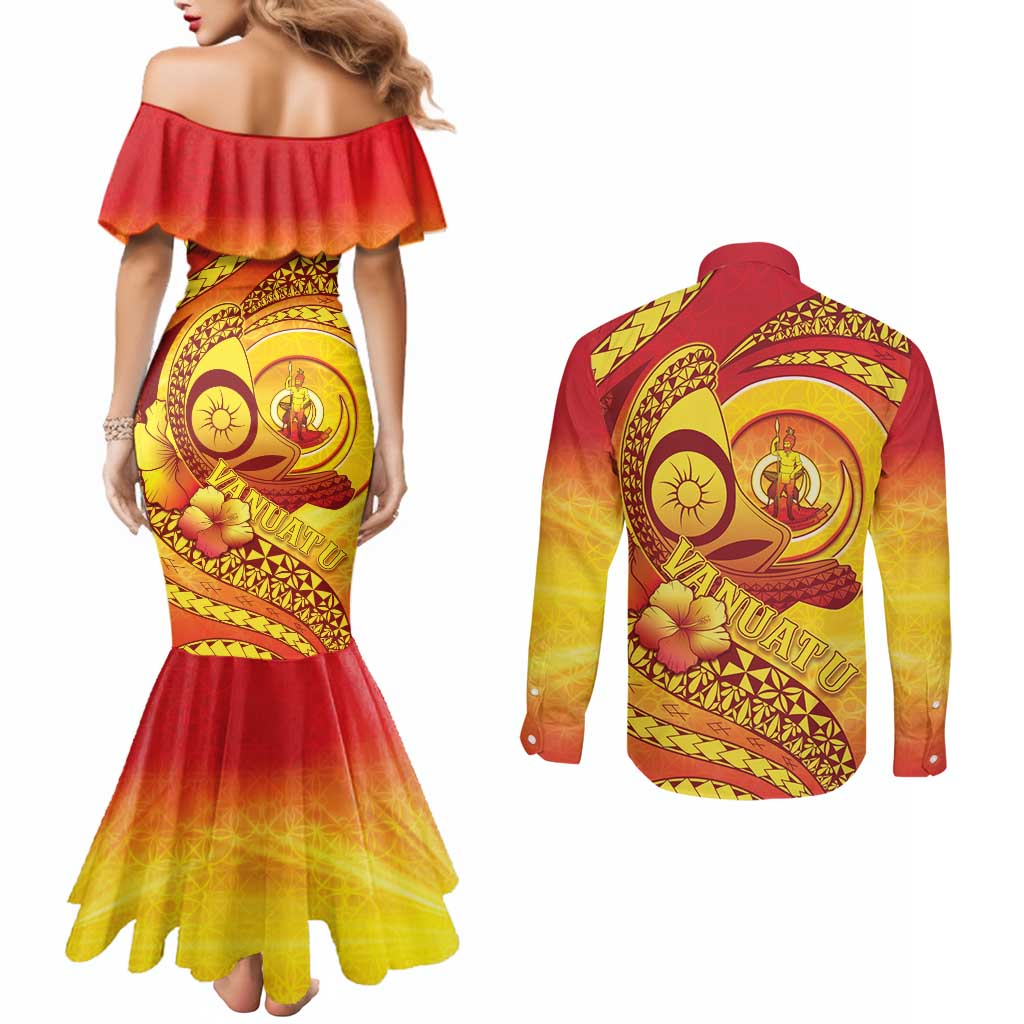 Vanuatu 45 Yia Indipendens Anivesari Couples Matching Mermaid Dress and Long Sleeve Button Shirt Tamtam Drum With Boar Tusk - Polynesian Pride