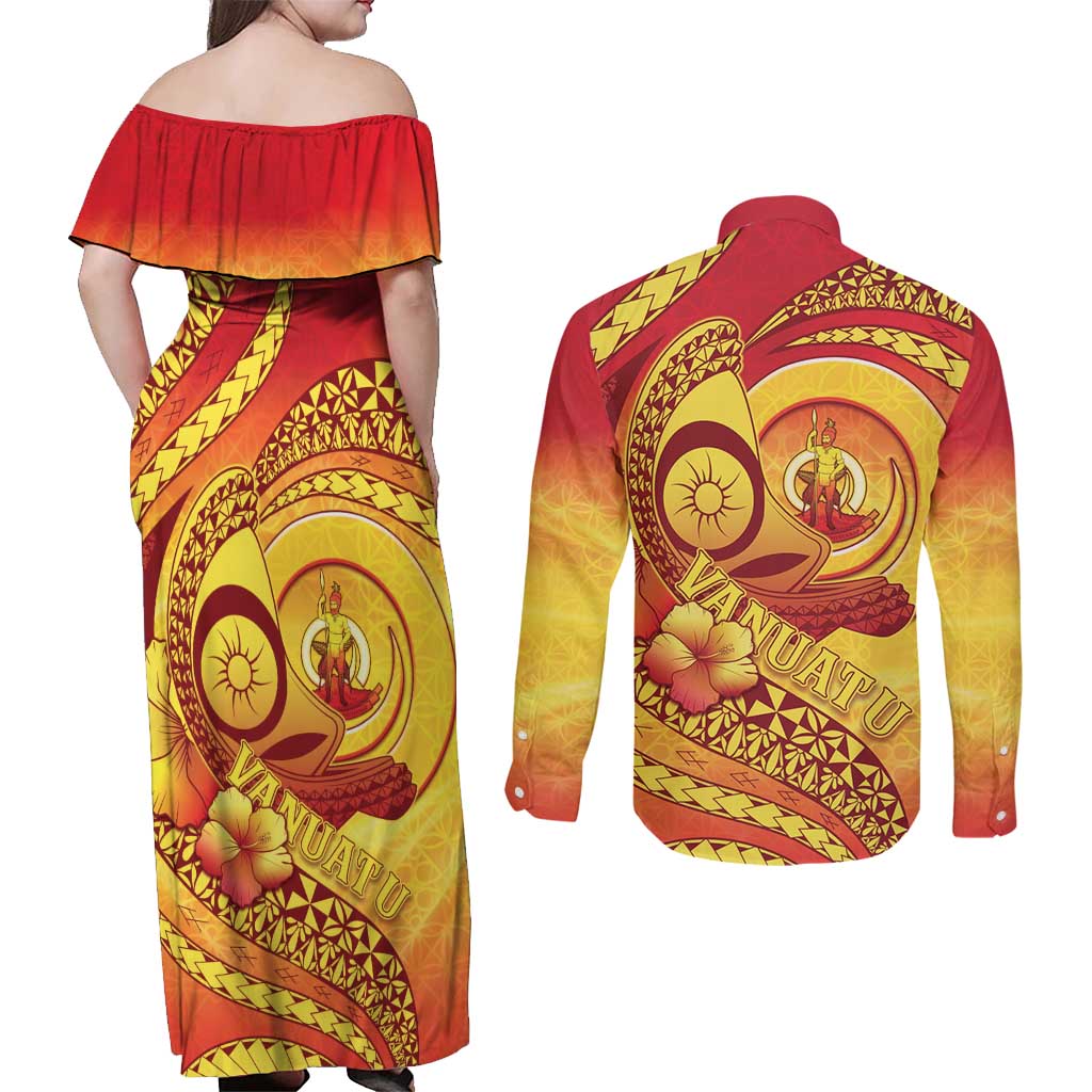 Vanuatu 45 Yia Indipendens Anivesari Couples Matching Off Shoulder Maxi Dress and Long Sleeve Button Shirt Tamtam Drum With Boar Tusk - Polynesian Pride