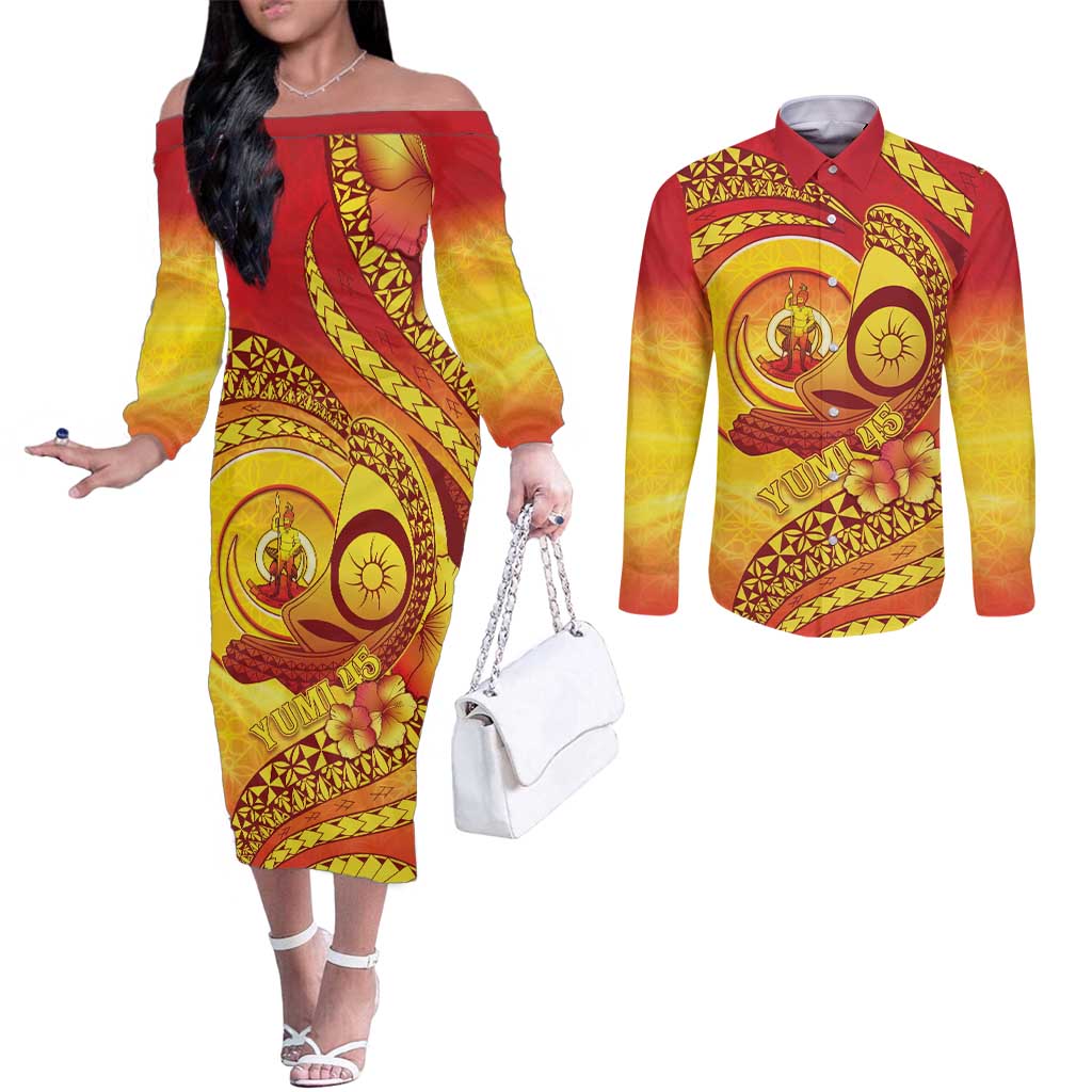 Vanuatu 45 Yia Indipendens Anivesari Couples Matching Off The Shoulder Long Sleeve Dress and Long Sleeve Button Shirt Tamtam Drum With Boar Tusk - Polynesian Pride
