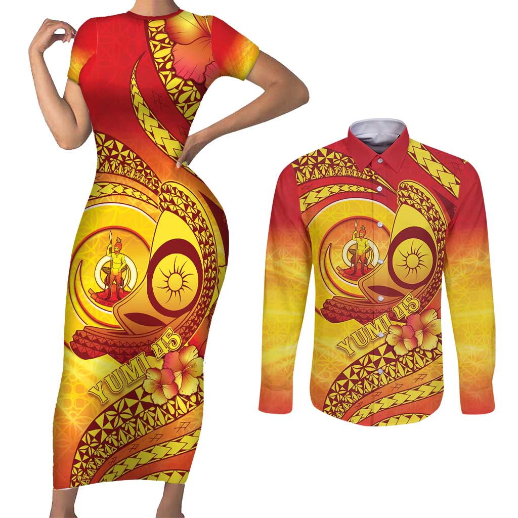 Vanuatu 45 Yia Indipendens Anivesari Couples Matching Short Sleeve Bodycon Dress and Long Sleeve Button Shirt Tamtam Drum With Boar Tusk - Polynesian Pride