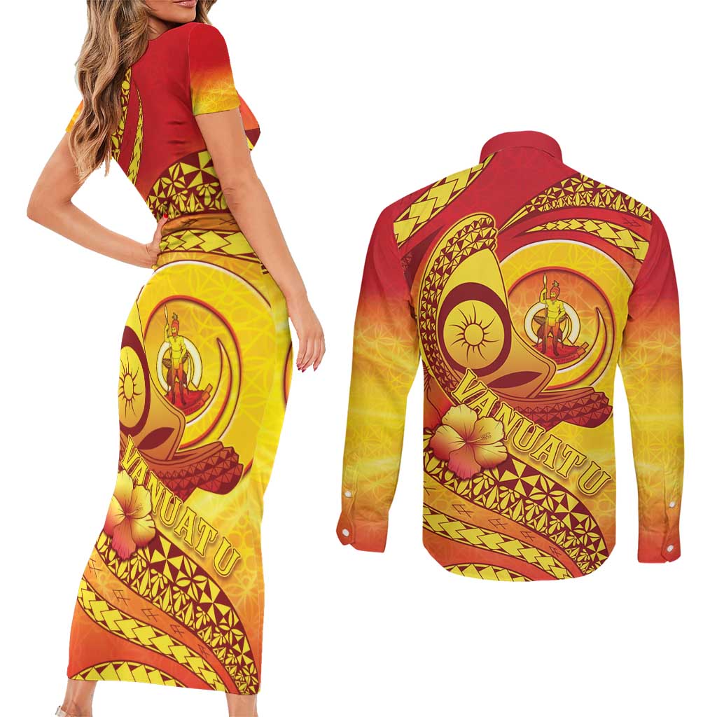 Vanuatu 45 Yia Indipendens Anivesari Couples Matching Short Sleeve Bodycon Dress and Long Sleeve Button Shirt Tamtam Drum With Boar Tusk - Polynesian Pride