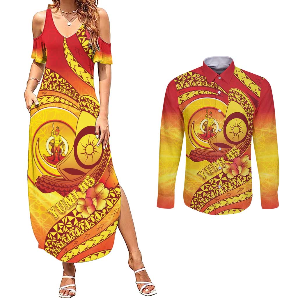 Vanuatu 45 Yia Indipendens Anivesari Couples Matching Summer Maxi Dress and Long Sleeve Button Shirt Tamtam Drum With Boar Tusk - Polynesian Pride