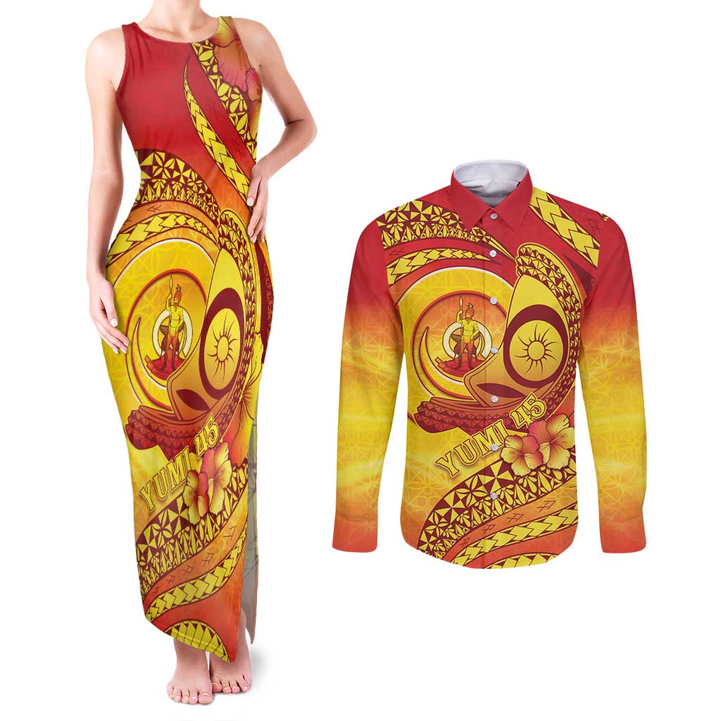 Vanuatu 45 Yia Indipendens Anivesari Couples Matching Tank Maxi Dress and Long Sleeve Button Shirt Tamtam Drum With Boar Tusk - Polynesian Pride
