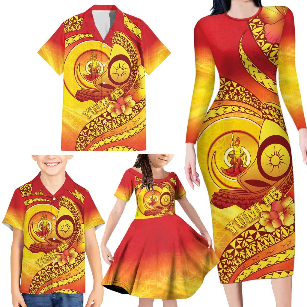 Vanuatu 45 Yia Indipendens Anivesari Family Matching Long Sleeve Bodycon Dress and Hawaiian Shirt Tamtam Drum With Boar Tusk - Polynesian Pride