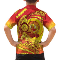 Vanuatu 45 Yia Indipendens Anivesari Family Matching Off The Shoulder Long Sleeve Dress and Hawaiian Shirt Tamtam Drum With Boar Tusk - Polynesian Pride