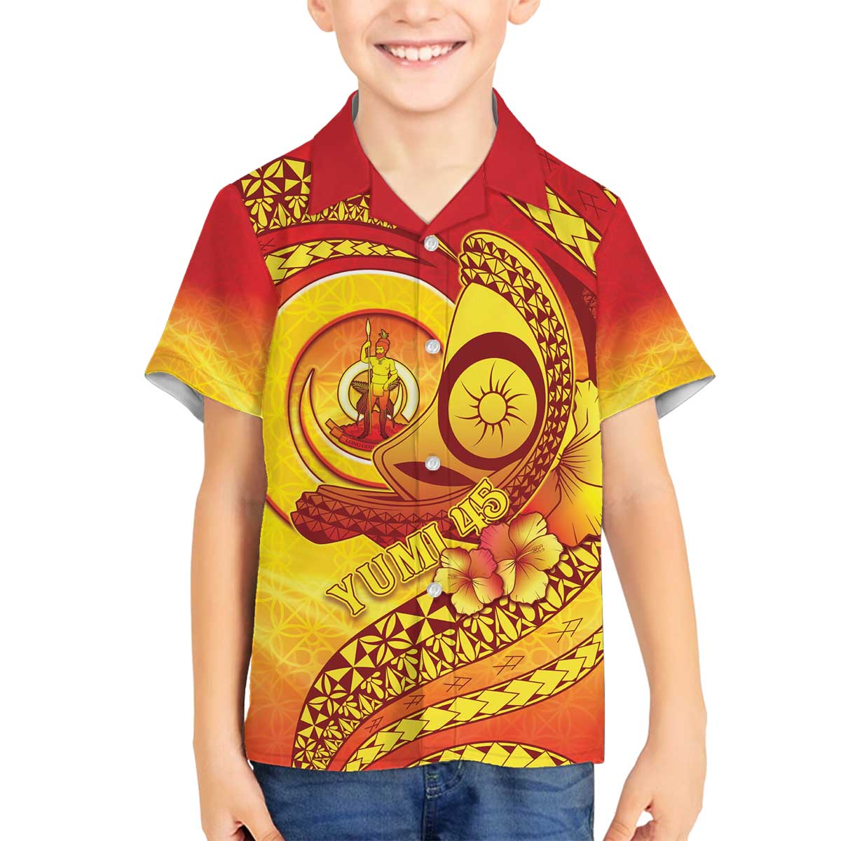 Vanuatu 45 Yia Indipendens Anivesari Family Matching Off The Shoulder Long Sleeve Dress and Hawaiian Shirt Tamtam Drum With Boar Tusk - Polynesian Pride