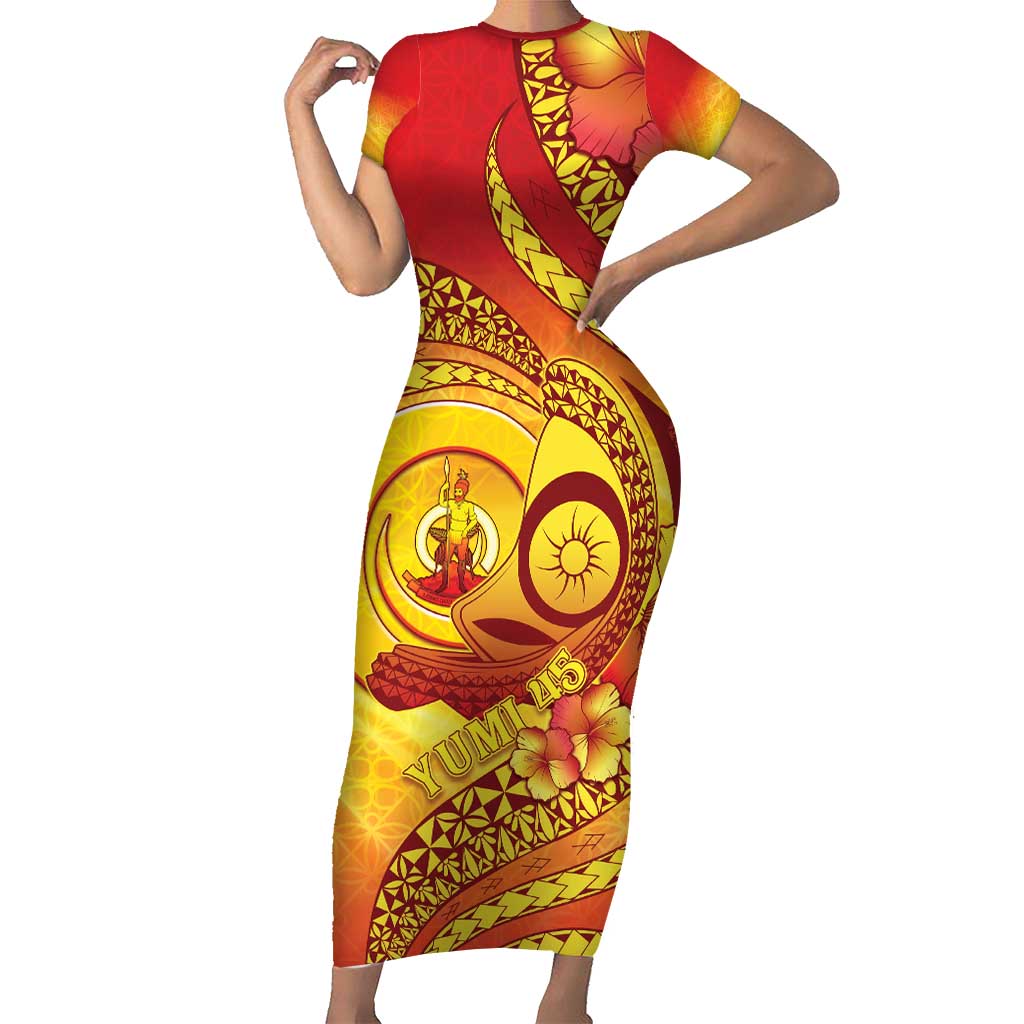 Vanuatu 45 Yia Indipendens Anivesari Family Matching Short Sleeve Bodycon Dress and Hawaiian Shirt Tamtam Drum With Boar Tusk - Polynesian Pride