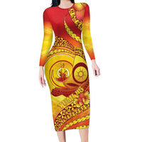 Vanuatu 45 Yia Indipendens Anivesari Long Sleeve Bodycon Dress Tamtam Drum With Boar Tusk - Polynesian Pride