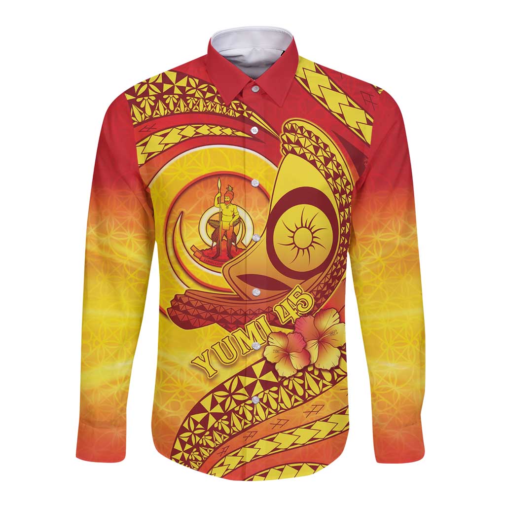Vanuatu 45 Yia Indipendens Anivesari Long Sleeve Button Shirt Tamtam Drum With Boar Tusk - Polynesian Pride