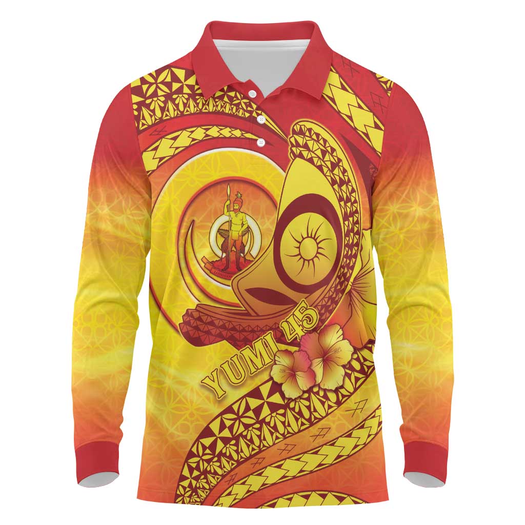 Vanuatu 45 Yia Indipendens Anivesari Long Sleeve Polo Shirt Tamtam Drum With Boar Tusk - Polynesian Pride
