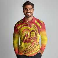 Vanuatu 45 Yia Indipendens Anivesari Long Sleeve Polo Shirt Tamtam Drum With Boar Tusk - Polynesian Pride