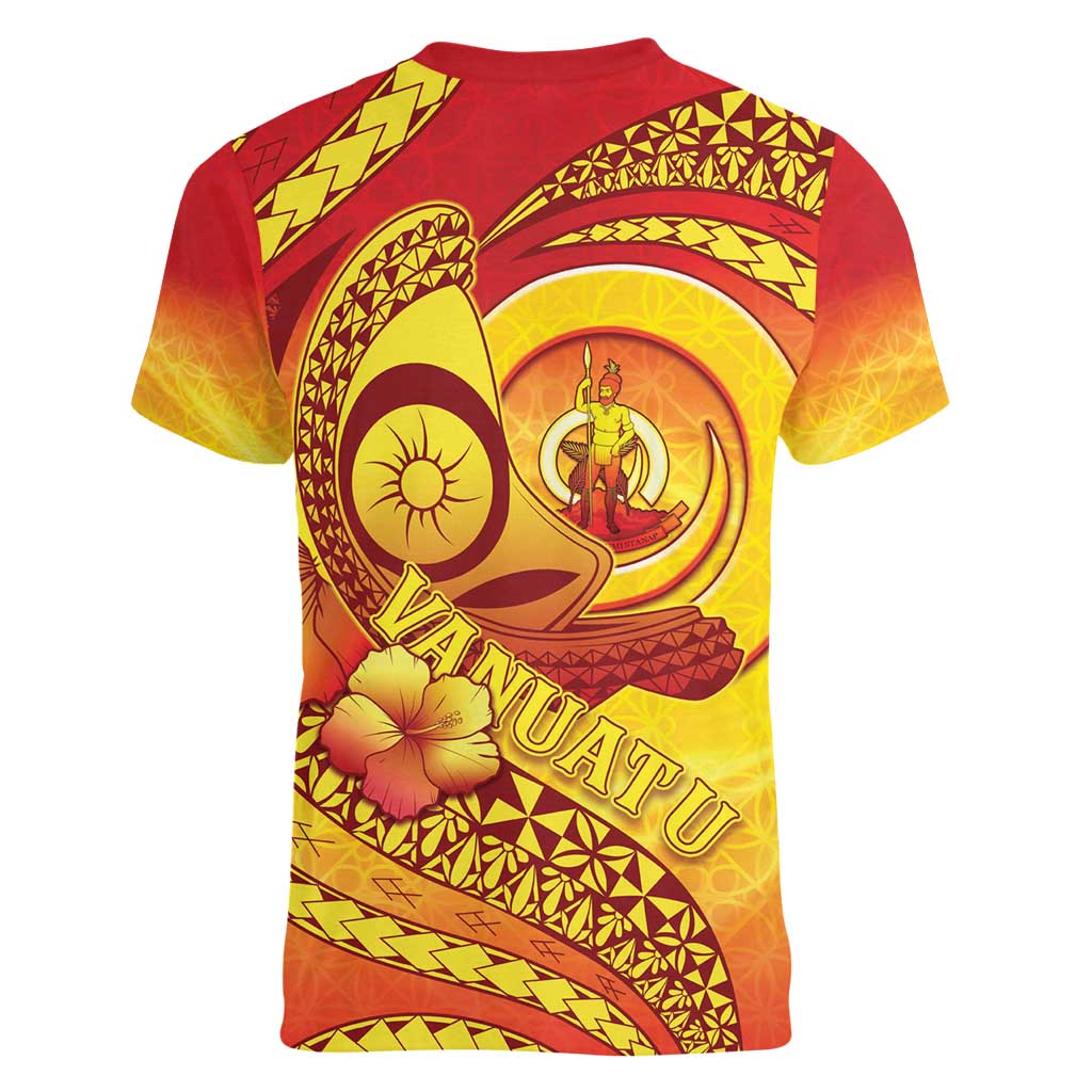 Vanuatu 45 Yia Indipendens Anivesari Women V-Neck T-Shirt Tamtam Drum With Boar Tusk - Polynesian Pride