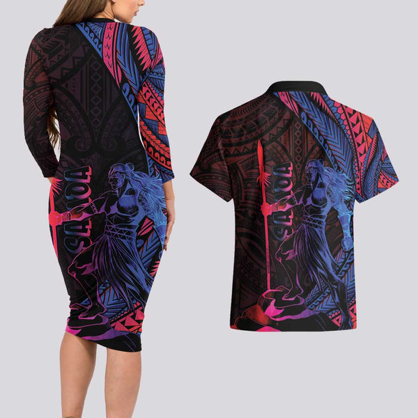 Ichigo Bleach Anime Black and Orange Theme Couples Matching Long Sleeve Bodycon Dress and Hawaiian Shirt with Hollow Mask and Japanese Calligraphy Design TS04