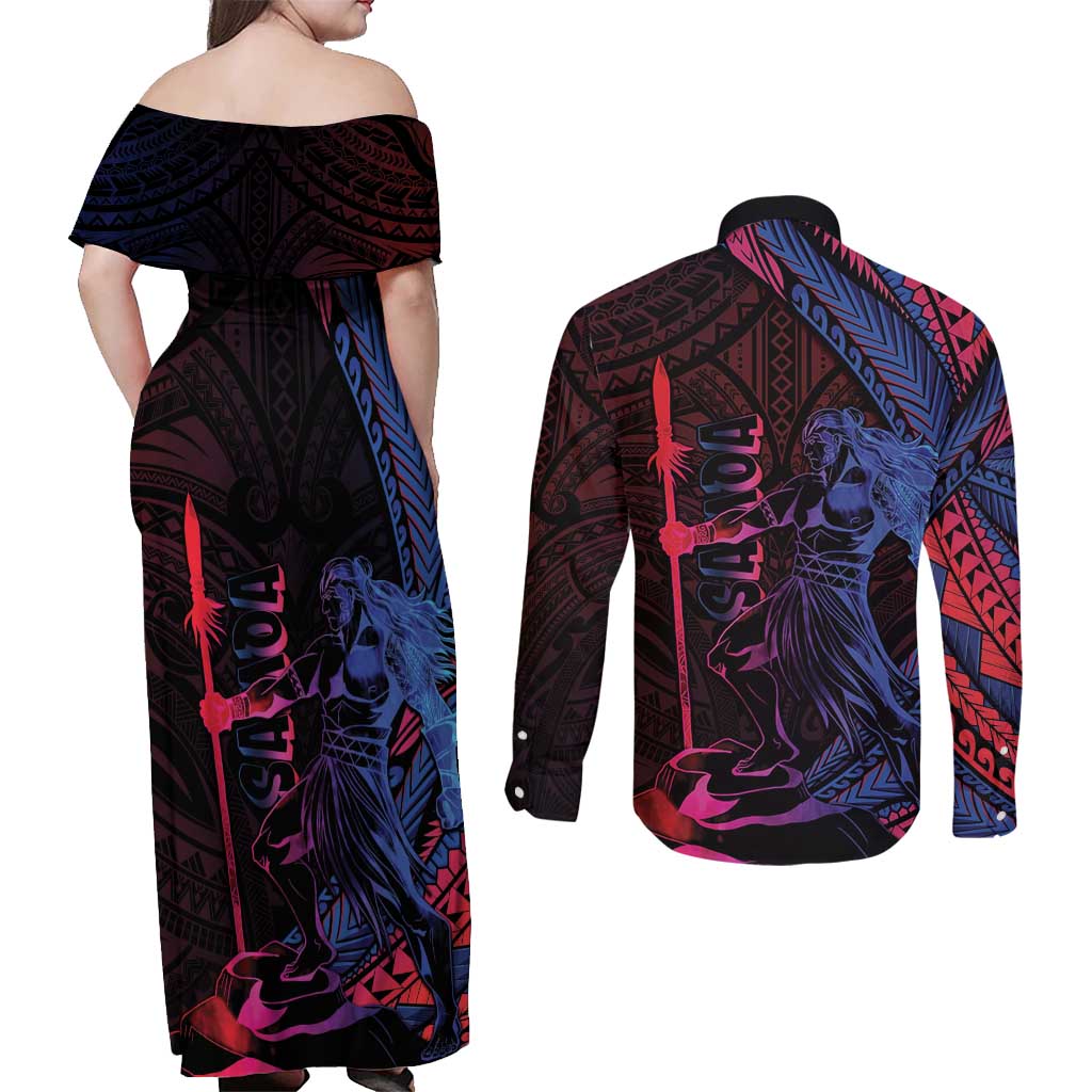 Samoan Pride Couples Matching Off Shoulder Maxi Dress and Long Sleeve Button Shirt The Tui Manua - Polynesian Pride