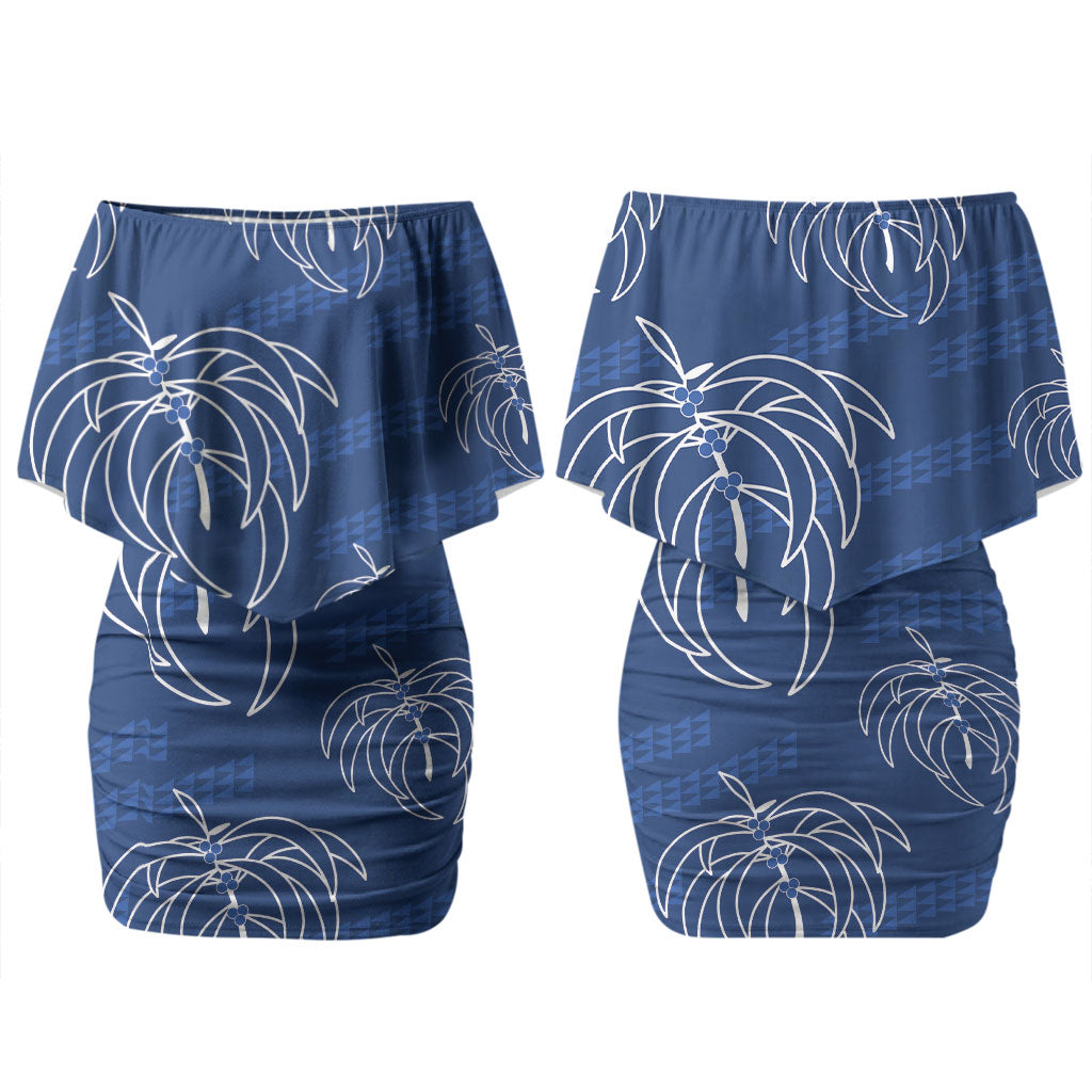 Aloha Hawaii Acacia Koa Leaves Couples Matching Off Shoulder Short Dress and Hawaiian Shirt Navy Kakau Tribal Pattern LT05 - Polynesian Pride