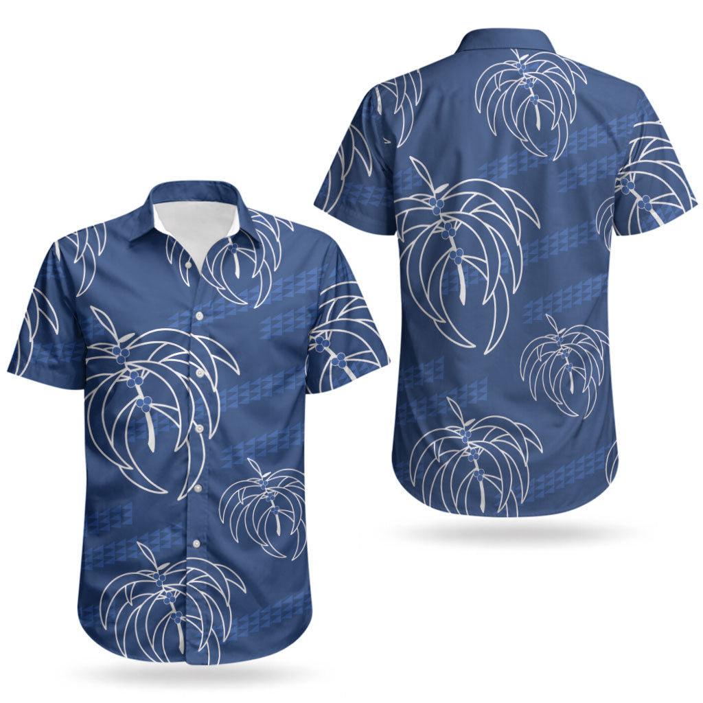 Aloha Hawaii Acacia Koa Leaves Couples Matching Off Shoulder Short Dress and Hawaiian Shirt Navy Kakau Tribal Pattern LT05 - Polynesian Pride