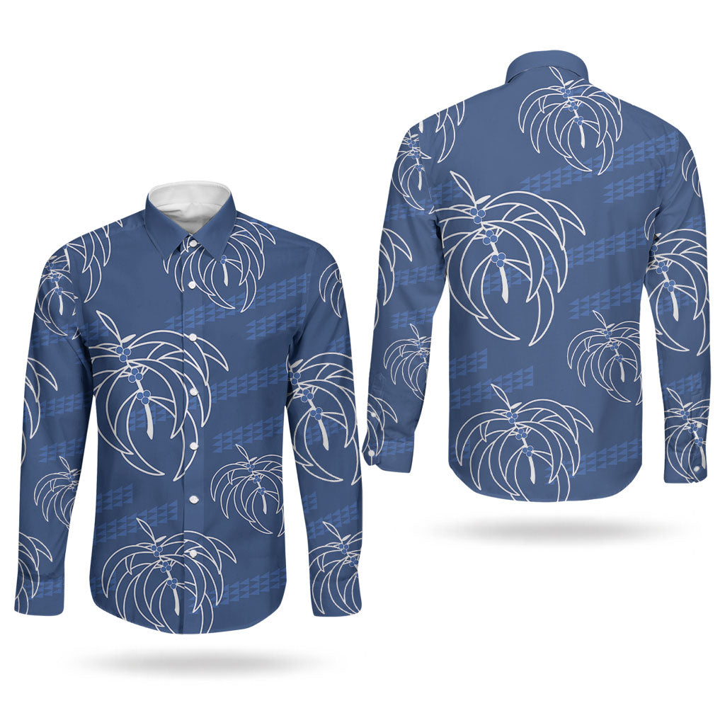 Aloha Hawaii Acacia Koa Leaves Couples Matching Off The Shoulder Long Sleeve Dress and Long Sleeve Button Shirt Navy Kakau Tribal Pattern LT05 - Polynesian Pride