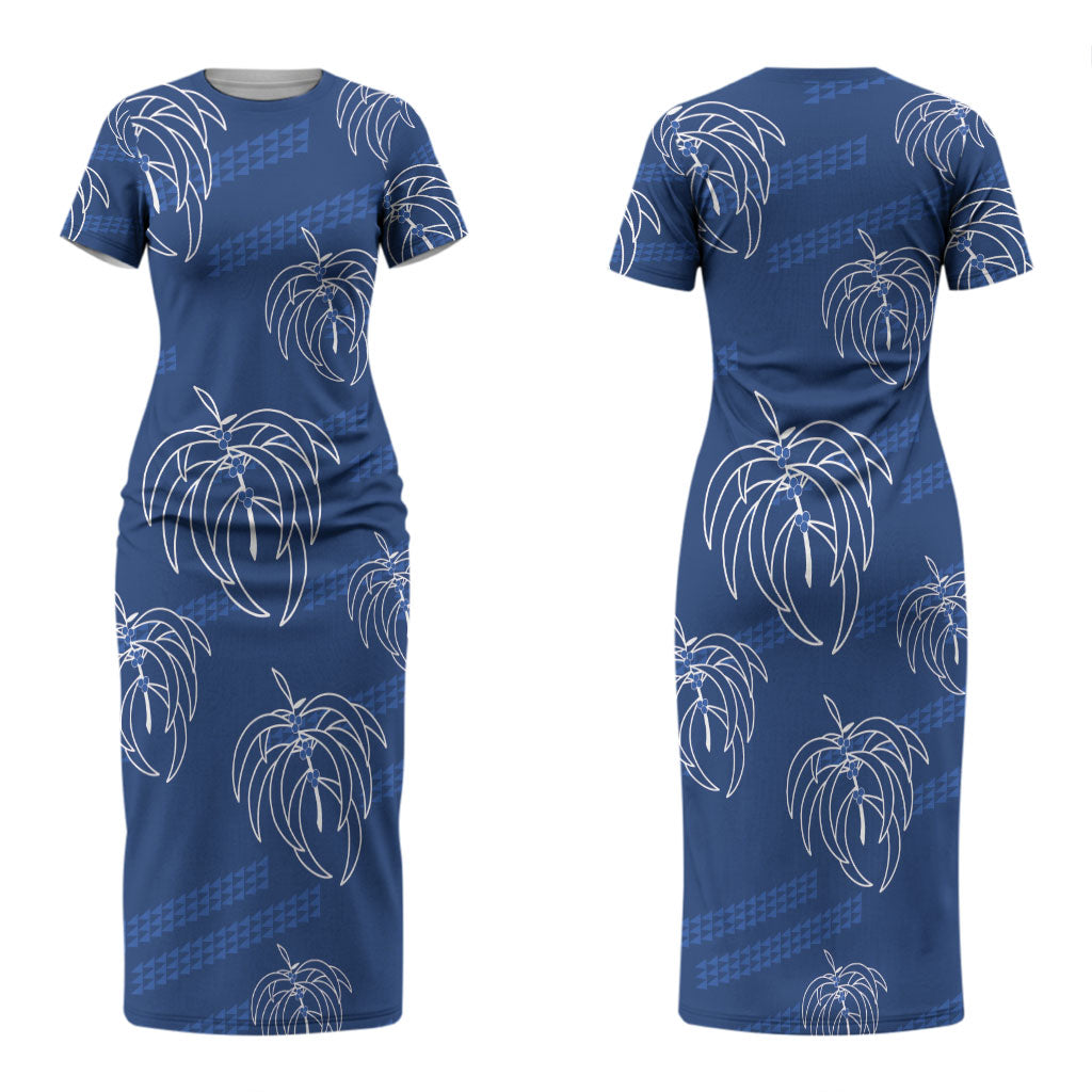Aloha Hawaii Acacia Koa Leaves Couples Matching Short Sleeve Bodycon Dress and Hawaiian Shirt Navy Kakau Tribal Pattern LT05 - Polynesian Pride
