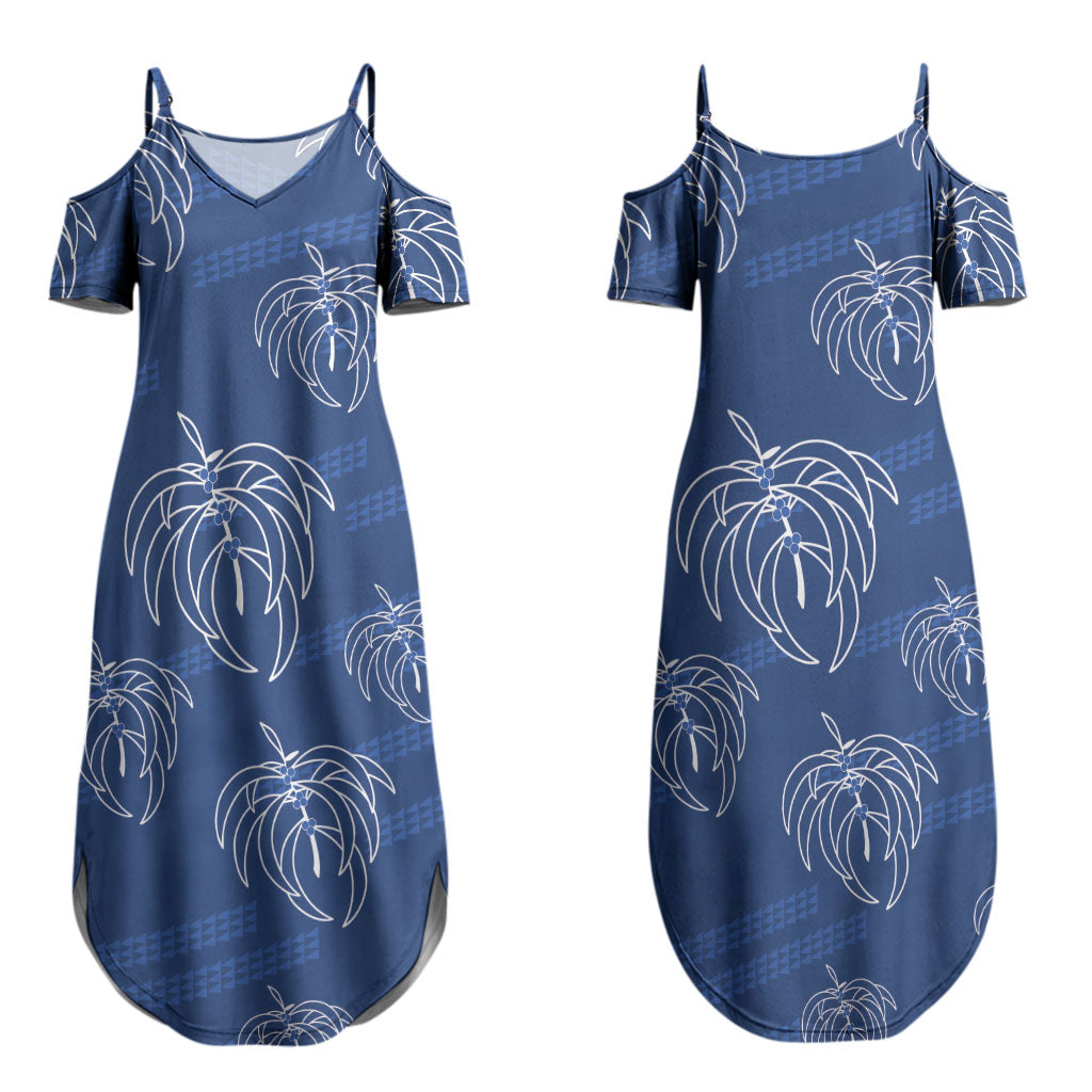 Aloha Hawaii Acacia Koa Leaves Couples Matching Summer Maxi Dress and Hawaiian Shirt Navy Kakau Tribal Pattern LT05 - Polynesian Pride