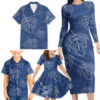 Aloha Hawaii Acacia Koa Leaves Family Matching Long Sleeve Bodycon Dress and Hawaiian Shirt Navy Kakau Tribal Pattern LT05 - Polynesian Pride