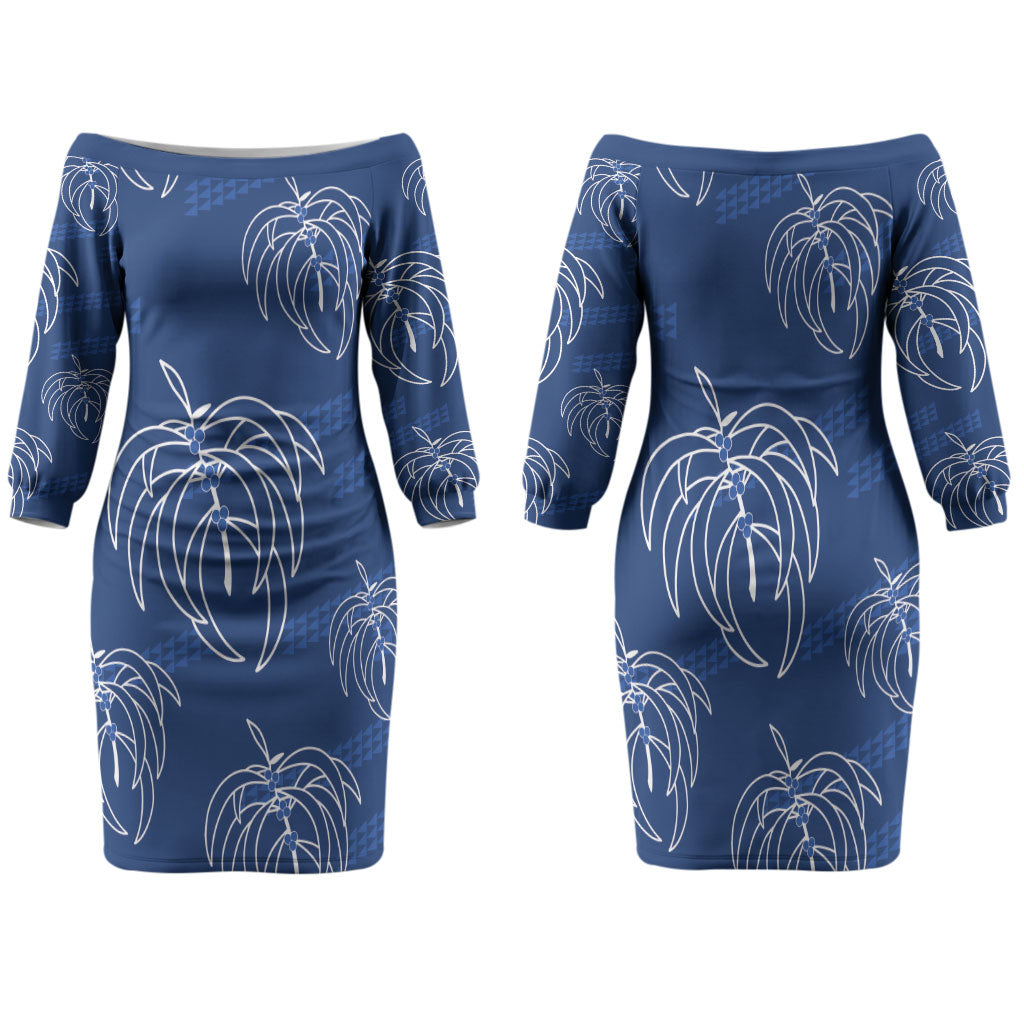 Aloha Hawaii Acacia Koa Leaves Family Matching Off The Shoulder Long Sleeve Dress and Hawaiian Shirt Navy Kakau Tribal Pattern LT05 Mom's Dress Navy - Polynesian Pride