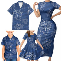 Aloha Hawaii Acacia Koa Leaves Family Matching Short Sleeve Bodycon Dress and Hawaiian Shirt Navy Kakau Tribal Pattern LT05 - Polynesian Pride