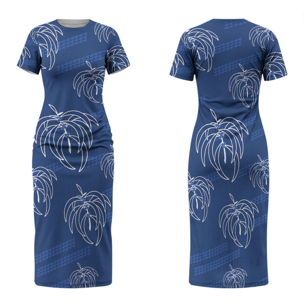 Aloha Hawaii Acacia Koa Leaves Family Matching Short Sleeve Bodycon Dress and Hawaiian Shirt Navy Kakau Tribal Pattern LT05 Mom's Dress Navy - Polynesian Pride