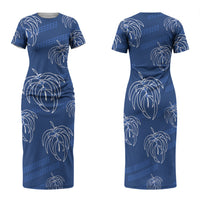 Aloha Hawaii Acacia Koa Leaves Family Matching Short Sleeve Bodycon Dress and Hawaiian Shirt Navy Kakau Tribal Pattern LT05 Mom's Dress Navy - Polynesian Pride