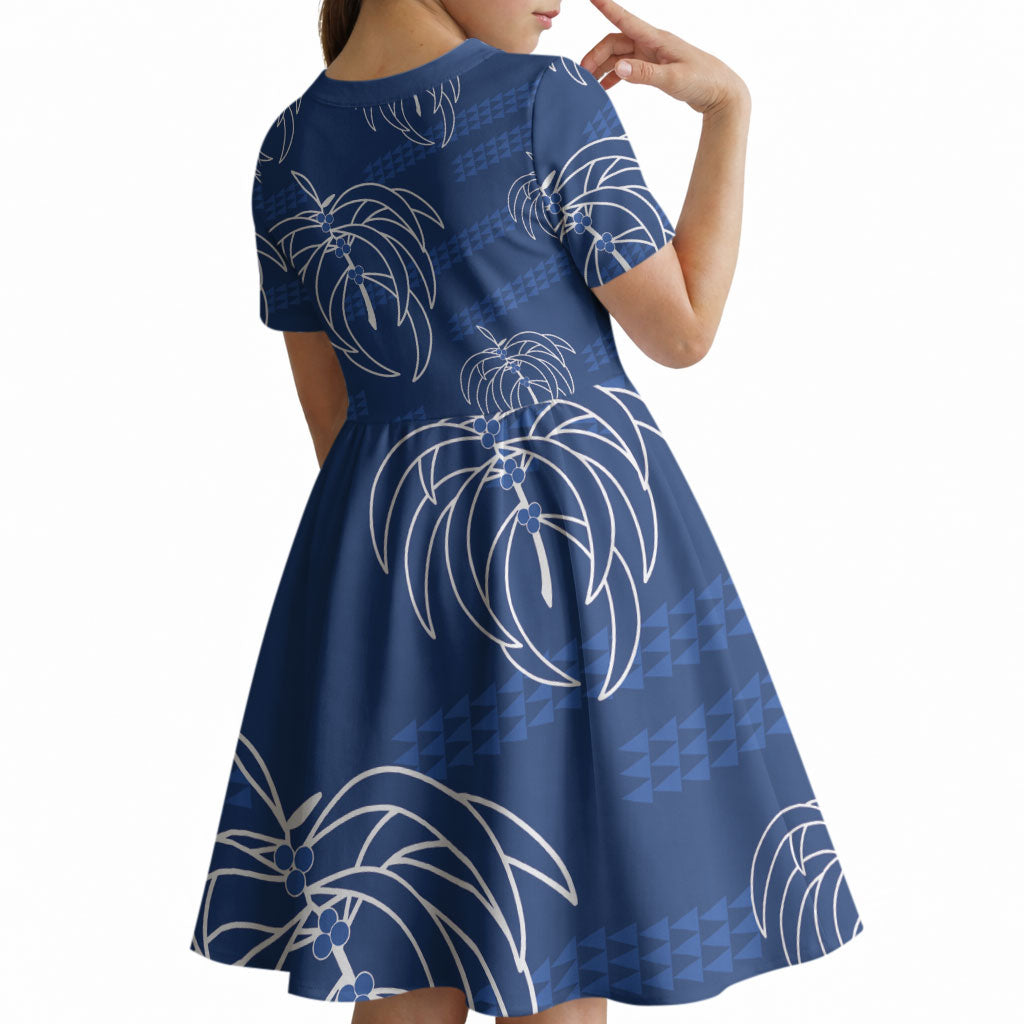 Aloha Hawaii Acacia Koa Leaves Kid Short Sleeve Dress Navy Kakau Tribal Pattern