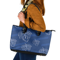 Aloha Hawaii Acacia Koa Leaves Leather Tote Bag Navy Kakau Tribal Pattern