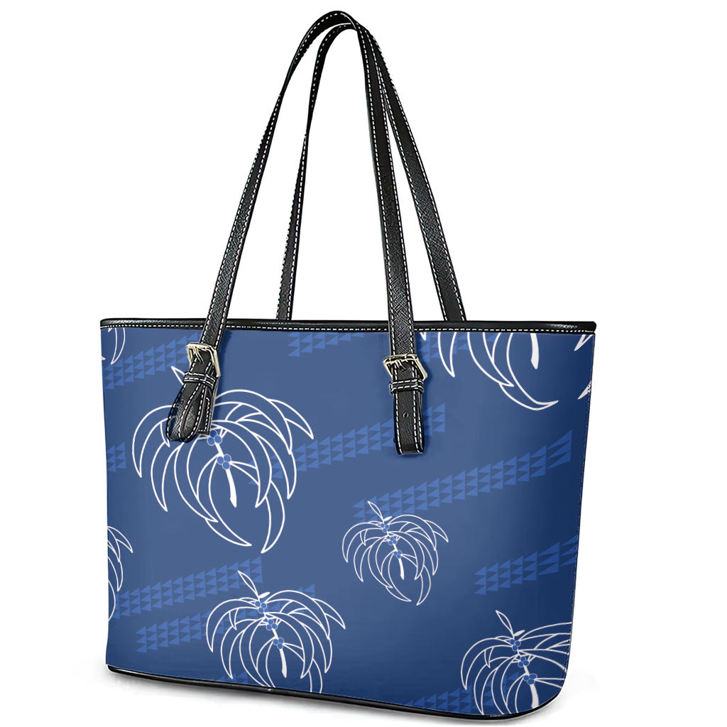 Aloha Hawaii Acacia Koa Leaves Leather Tote Bag Navy Kakau Tribal Pattern