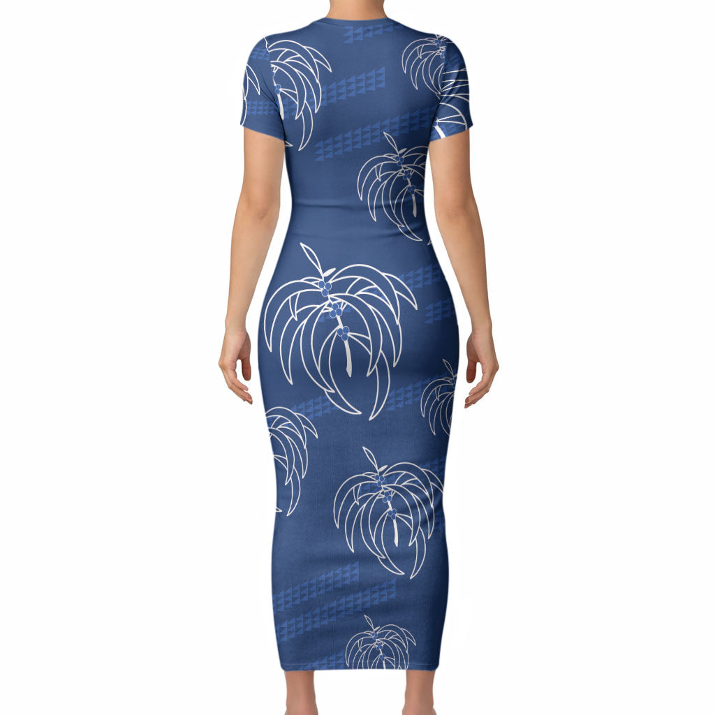 Aloha Hawaii Acacia Koa Leaves Short Sleeve Bodycon Dress Navy Kakau Tribal Pattern LT05 - Polynesian Pride