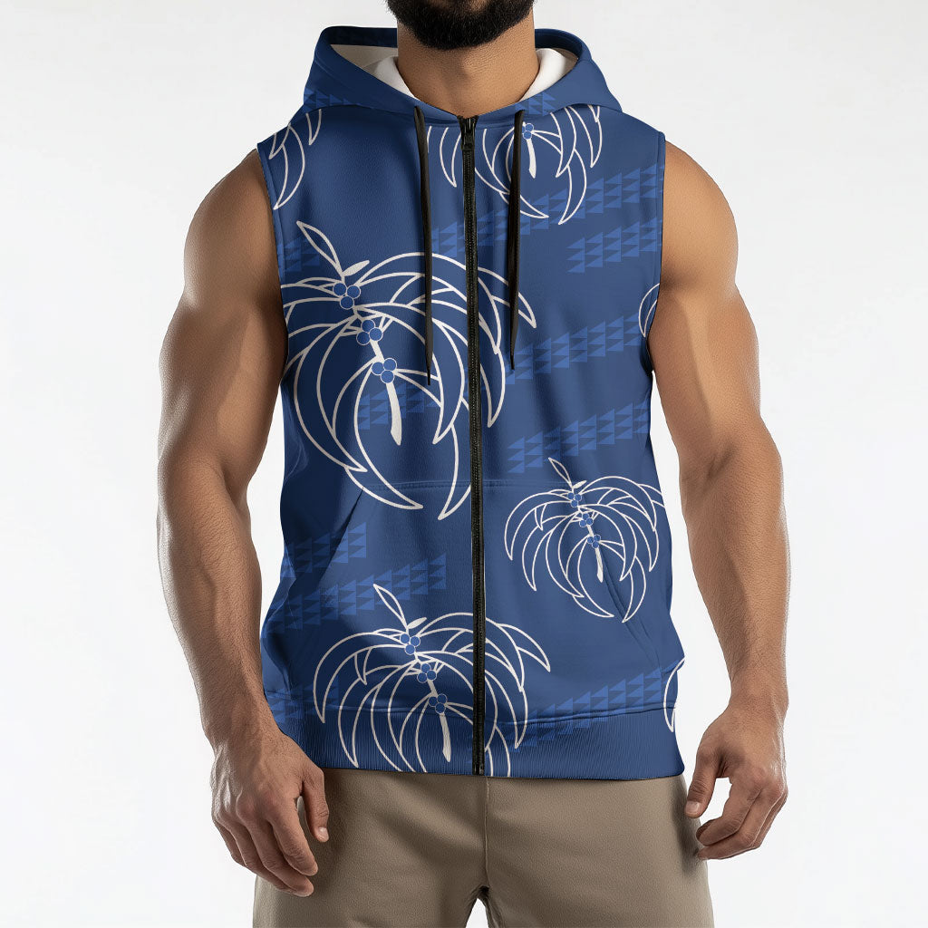 Aloha Hawaii Acacia Koa Leaves Sleeveless Zip Hoodie Navy Kakau Tribal Pattern LT05 - Polynesian Pride