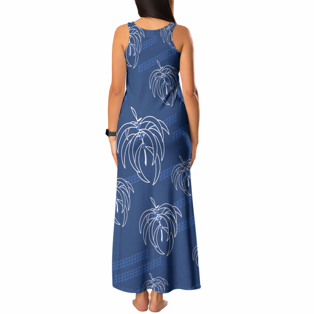 Aloha Hawaii Acacia Koa Leaves Tank Maxi Dress Navy Kakau Tribal Pattern