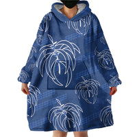 Aloha Hawaii Acacia Koa Leaves Wearable Blanket Hoodie Navy Kakau Tribal Pattern
