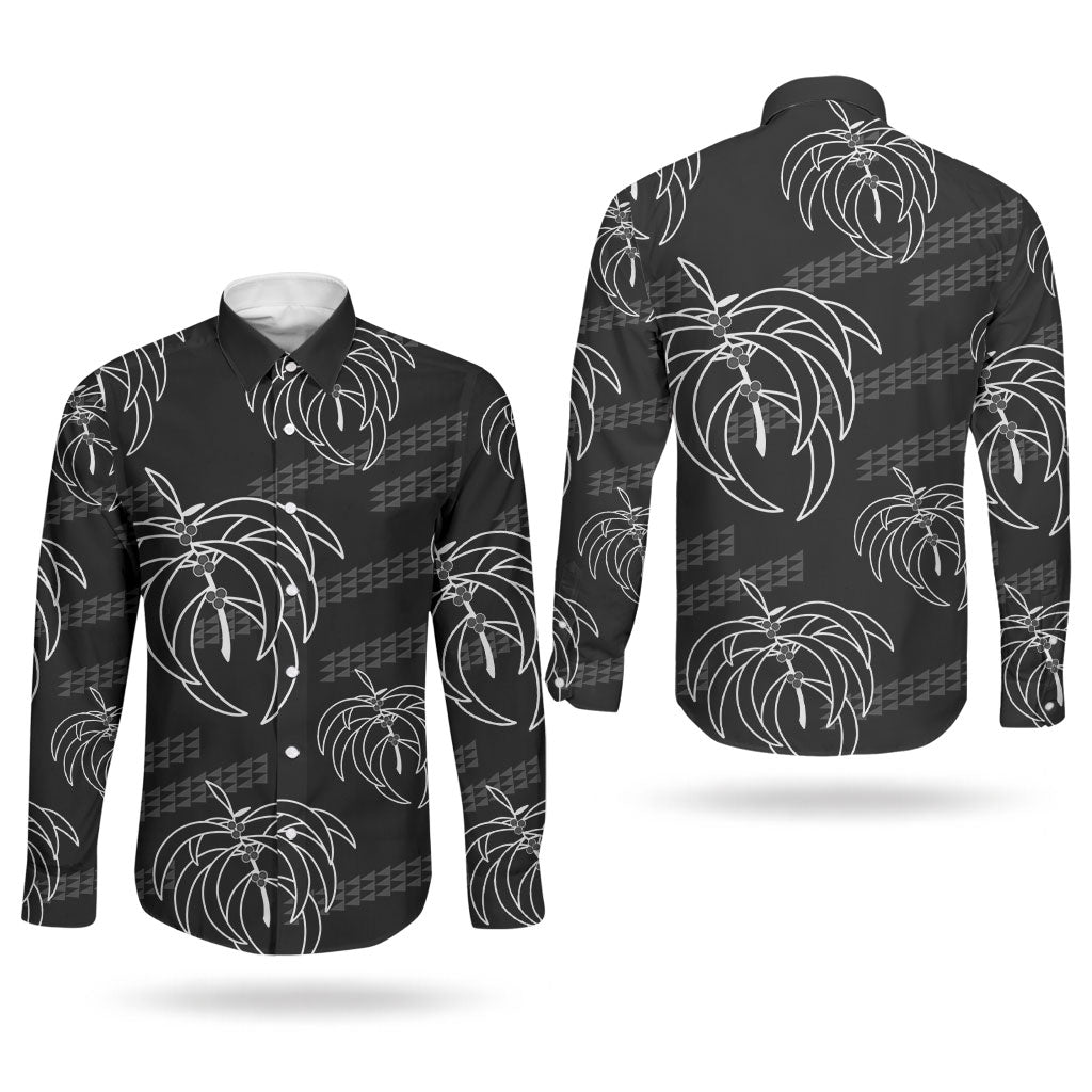 Aloha Hawaii Acacia Koa Leaves Couples Matching Off The Shoulder Long Sleeve Dress and Long Sleeve Button Shirt Black Kakau Tribal Pattern LT05 - Polynesian Pride