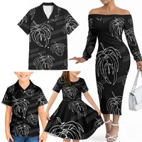 Aloha Hawaii Acacia Koa Leaves Family Matching Off The Shoulder Long Sleeve Dress and Hawaiian Shirt Black Kakau Tribal Pattern LT05 - Polynesian Pride