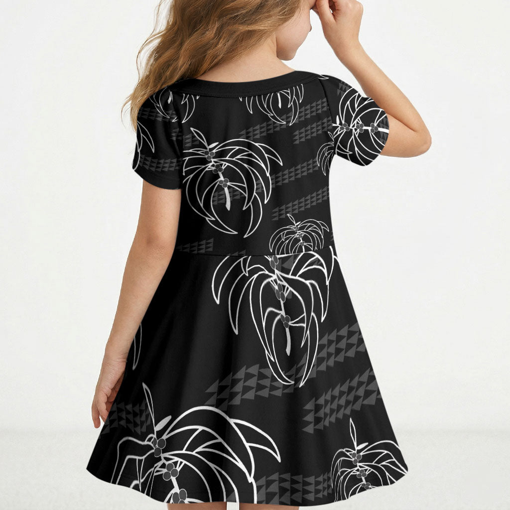 Aloha Hawaii Acacia Koa Leaves Kid Short Sleeve Dress Black Kakau Tribal Pattern