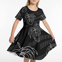 Aloha Hawaii Acacia Koa Leaves Kid Short Sleeve Dress Black Kakau Tribal Pattern