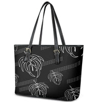 Aloha Hawaii Acacia Koa Leaves Leather Tote Bag Black Kakau Tribal Pattern