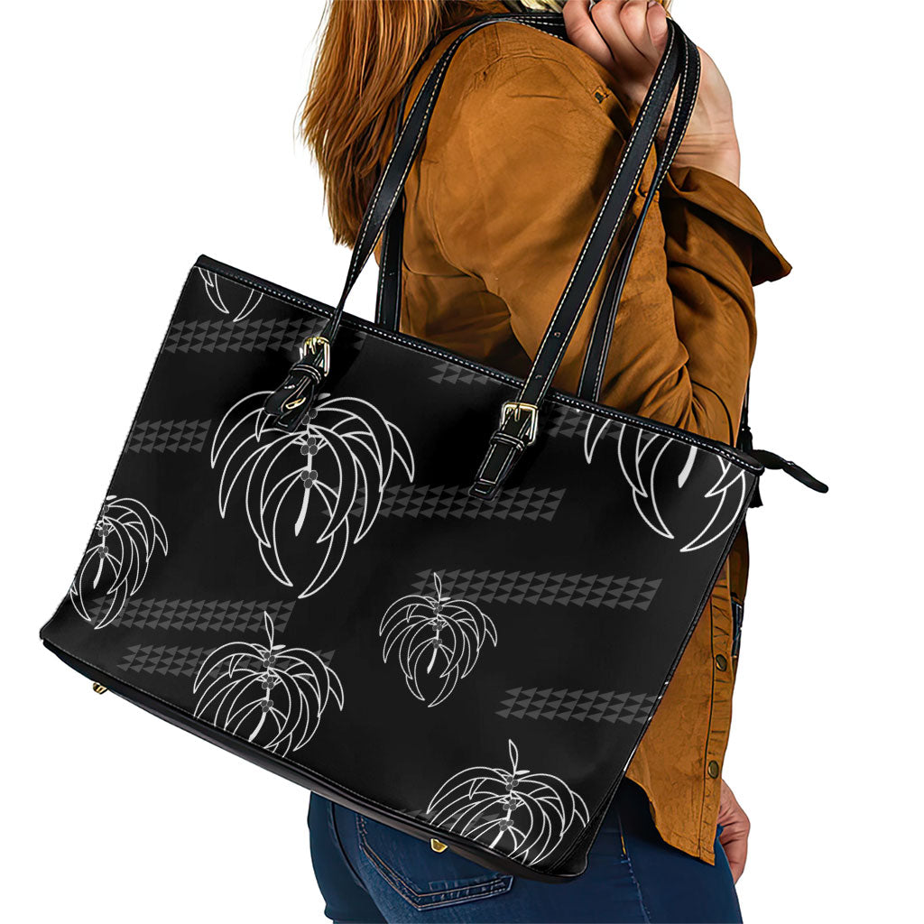 Aloha Hawaii Acacia Koa Leaves Leather Tote Bag Black Kakau Tribal Pattern