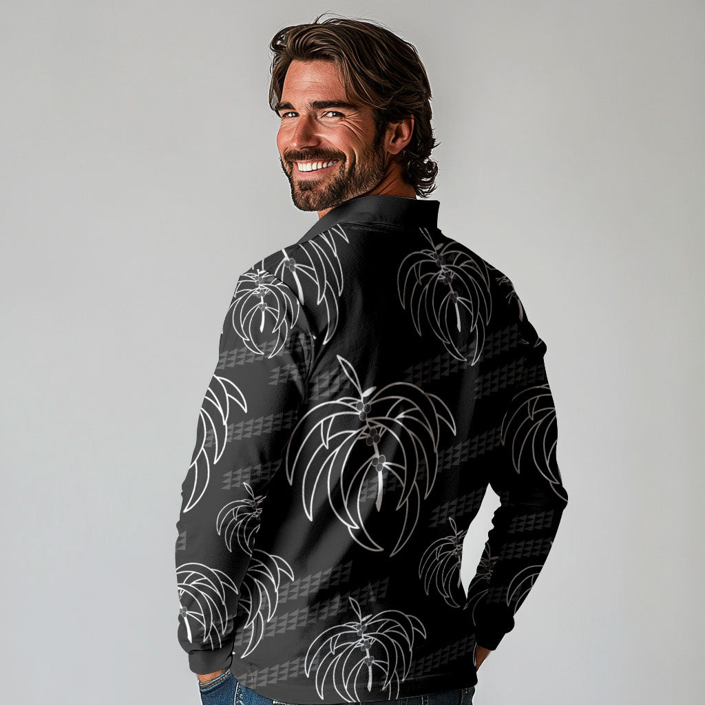 Aloha Hawaii Acacia Koa Leaves Long Sleeve Polo Shirt Black Kakau Tribal Pattern LT05 - Polynesian Pride
