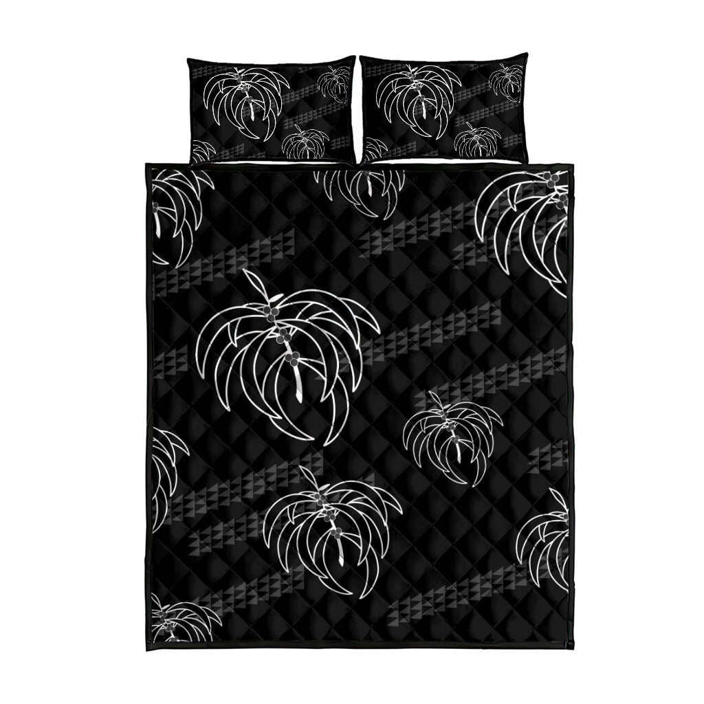 Aloha Hawaii Acacia Koa Leaves Quilt Bed Set Black Kakau Tribal Pattern
