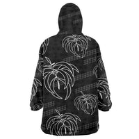 Aloha Hawaii Acacia Koa Leaves Wearable Blanket Hoodie Black Kakau Tribal Pattern