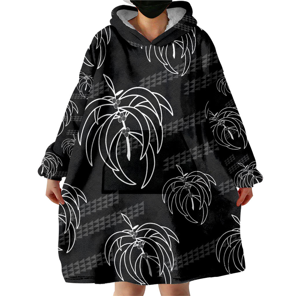 Aloha Hawaii Acacia Koa Leaves Wearable Blanket Hoodie Black Kakau Tribal Pattern